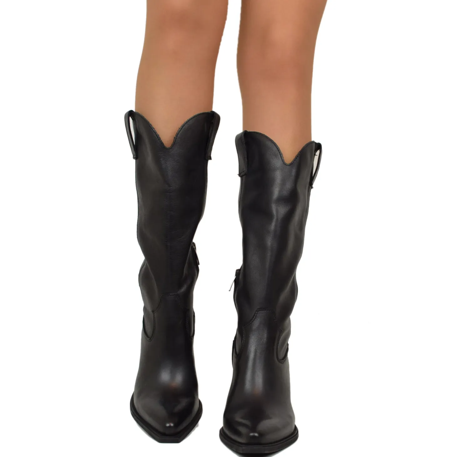 Stivali Texani Donna Neri in Pelle Tacco 9 cm Made in Italy
