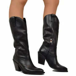 Stivali Texani Donna Neri in Pelle Tacco 9 cm Made in Italy