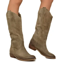 Stivali Texani Donna Scamosciati Taupe con Tacco Basso