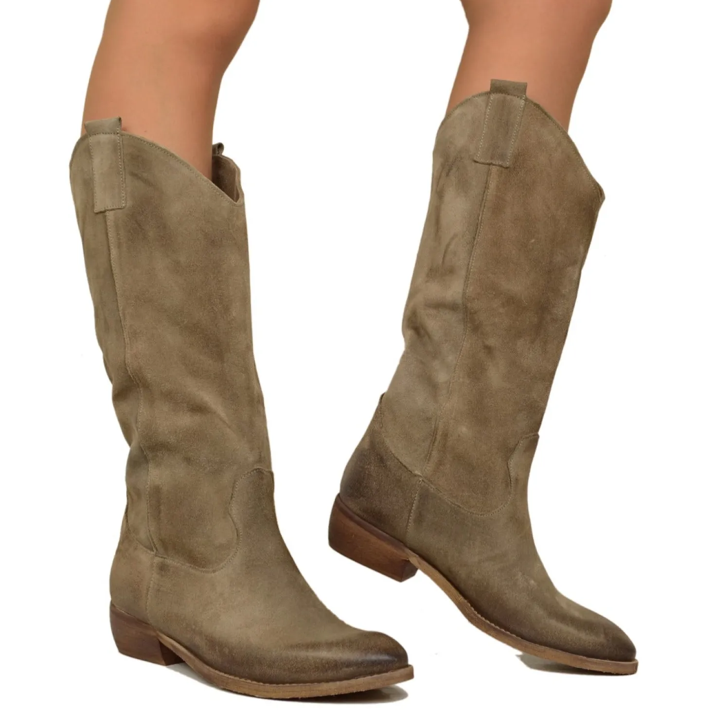 Stivali Texani Donna Scamosciati Taupe con Tacco Basso