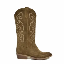 Stivali Texani in Camoscio Trapuntati Tacco 4 cm Taupe