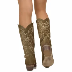 Stivali Texani in Camoscio Trapuntati Tacco 4 cm Taupe