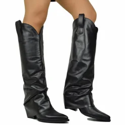 Stivali Texani Neri con Ghetta in Pelle Liscia Made in Italy