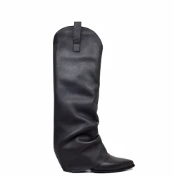 Stivali Texani Neri con Ghetta in Pelle Liscia Made in Italy
