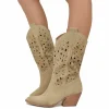 Stivali Texani Traforati in Pelle Scamosciata Beige Made in Italy