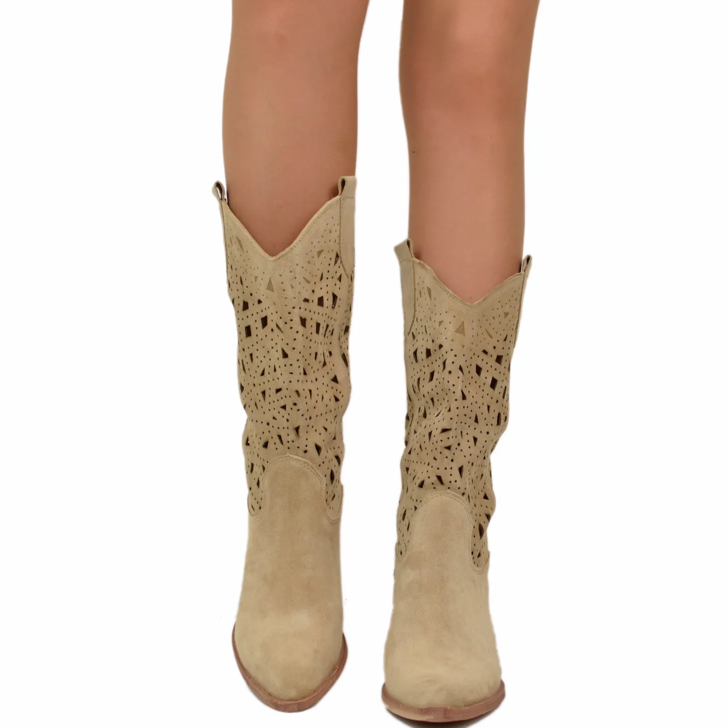 Stivali Texani Traforati in Pelle Scamosciata Beige Made in Italy