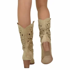 Stivali Texani Traforati in Pelle Scamosciata Beige Made in Italy