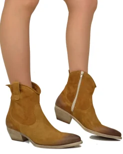 Suede Leather Texan Boots – Cognac, 5 cm Heel & Zip