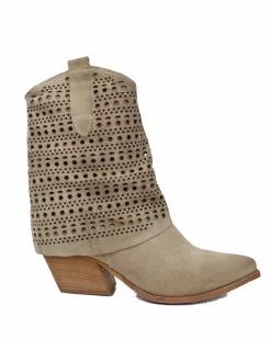 Suede Perforated Cowboy Boots – 6 cm Heel, Summer Edition – Beige