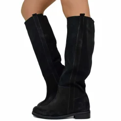 Suede Riding Boots with Low Heel and Tall Shaft – Black