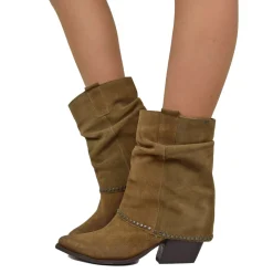 Suede Studded Ankle Texan Boots with Gaiter Made in Italy Taupe