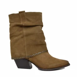 Suede Studded Ankle Texan Boots with Gaiter Made in Italy Taupe
