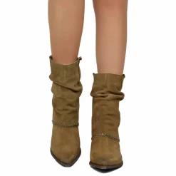 Suede Studded Ankle Texan Boots with Gaiter Made in Italy Taupe