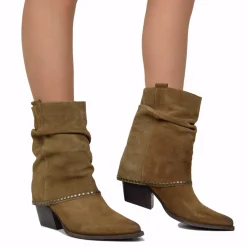Suede Studded Ankle Texan Boots with Gaiter Made in Italy Taupe