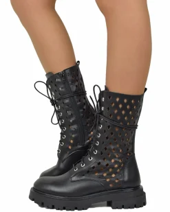 Summer Lace-Up Boots 10 Eyelets Biker Boots Genuine Leather Diamond-Pe