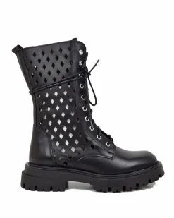 Summer Lace-Up Boots 10 Eyelets Biker Boots Genuine Leather Diamond-Pe