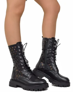 Summer Lace-Up Boots 10 Eyelets Biker Boots Genuine Leather Diamond-Pe