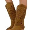 Summer Western Boots with Floral Cutouts, 7 cm Heel, and Suede Leather