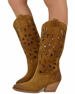 Summer Western Boots with Floral Cutouts, 7 cm Heel, and Suede Leather