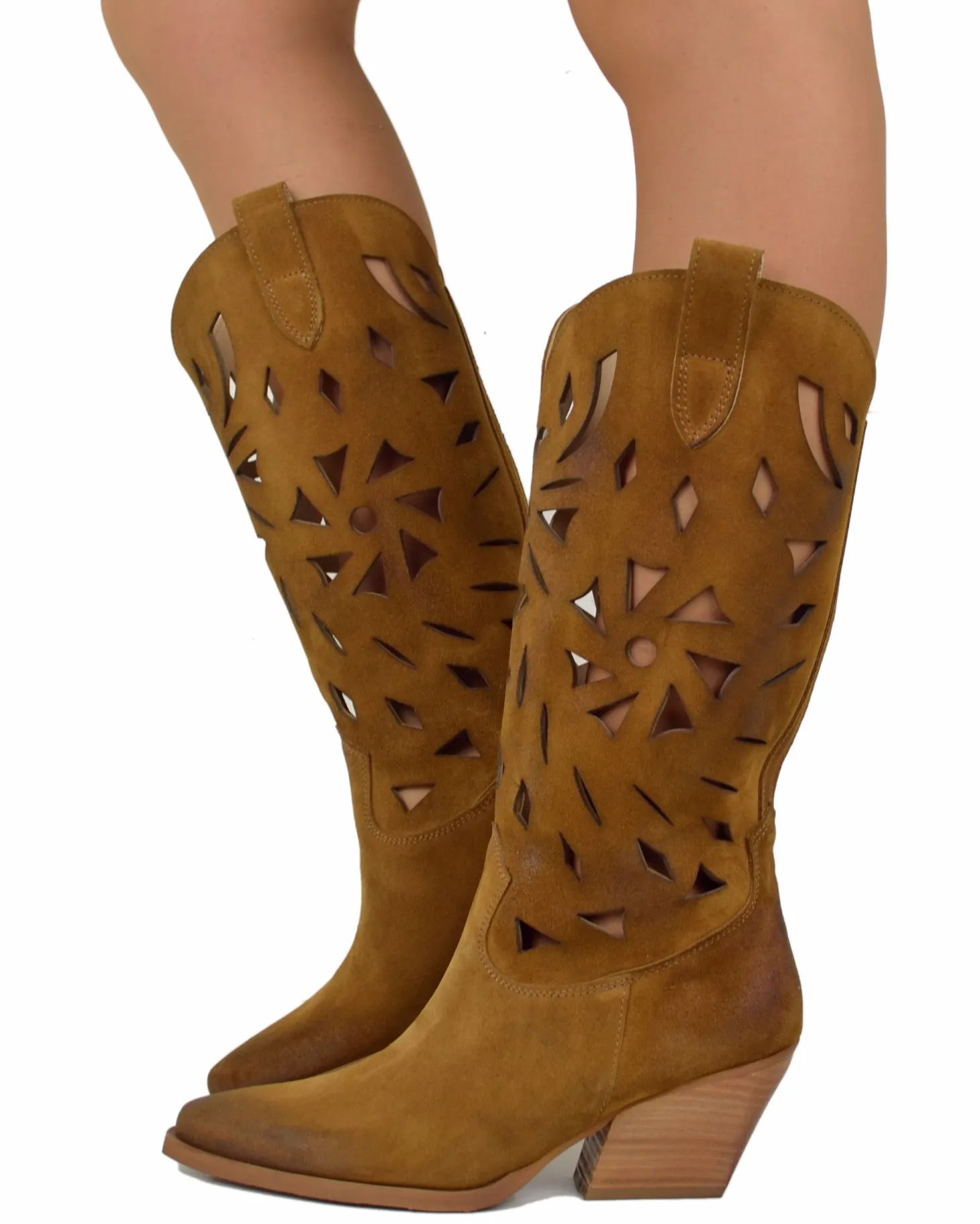 Summer Western Boots with Floral Cutouts, 7 cm Heel, and Suede Leather