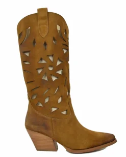 Summer Western Boots with Floral Cutouts, 7 cm Heel, and Suede Leather