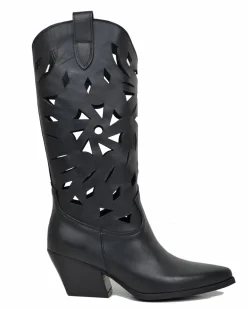 Summer Western Boots with Floral Cutouts, 7 cm Heel, Genuine Leather B