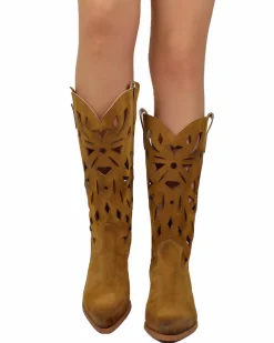 Summer Western Boots with Floral Cutouts, 7 cm Heel, and Suede Leather