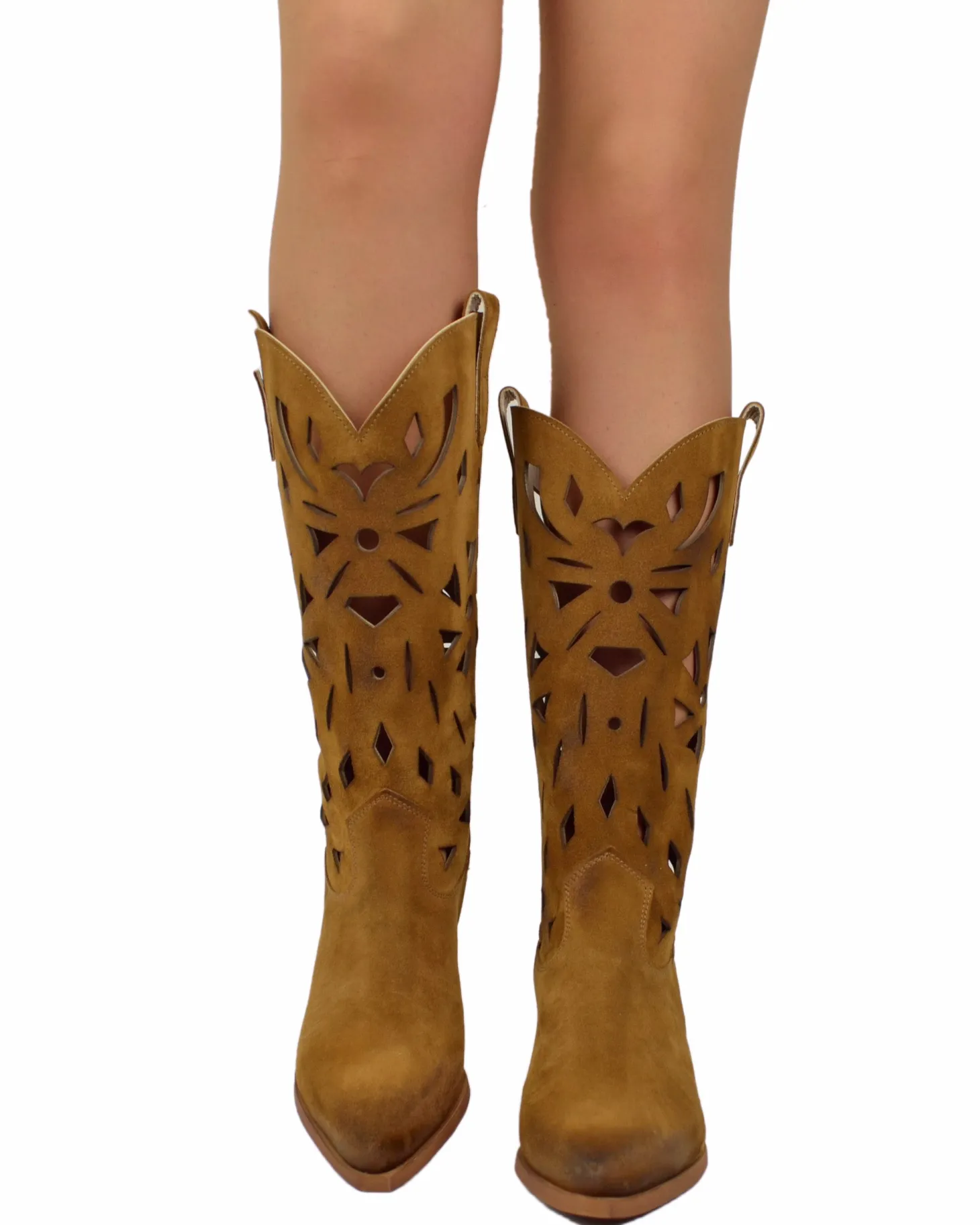 Summer Western Boots with Floral Cutouts, 7 cm Heel, and Suede Leather