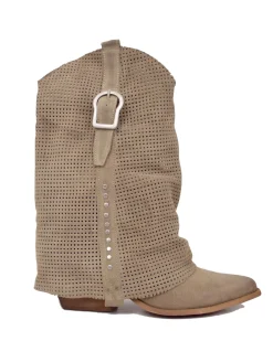 Summer Western Boots with Perforated Gaiter, Wide Shaft, and Suede Lea