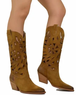 Summer Western Boots with Floral Cutouts, 7 cm Heel, and Suede Leather