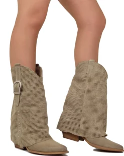 Summer Western Boots with Perforated Gaiter, Wide Shaft, and Suede Lea