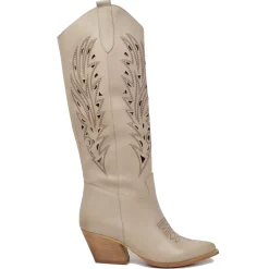 Tall Perforated Texan Boots – Printed Design, 7 cm Block Heel, Taupe