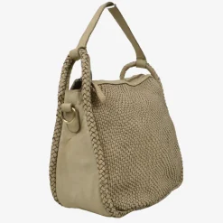 Taupe Square Hand Woven Bag Real Nappa Leather with Shoulder Strap
