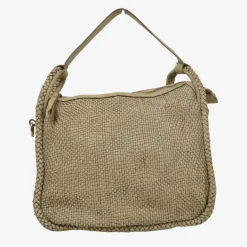 Taupe Square Hand Woven Bag Real Nappa Leather with Shoulder Strap