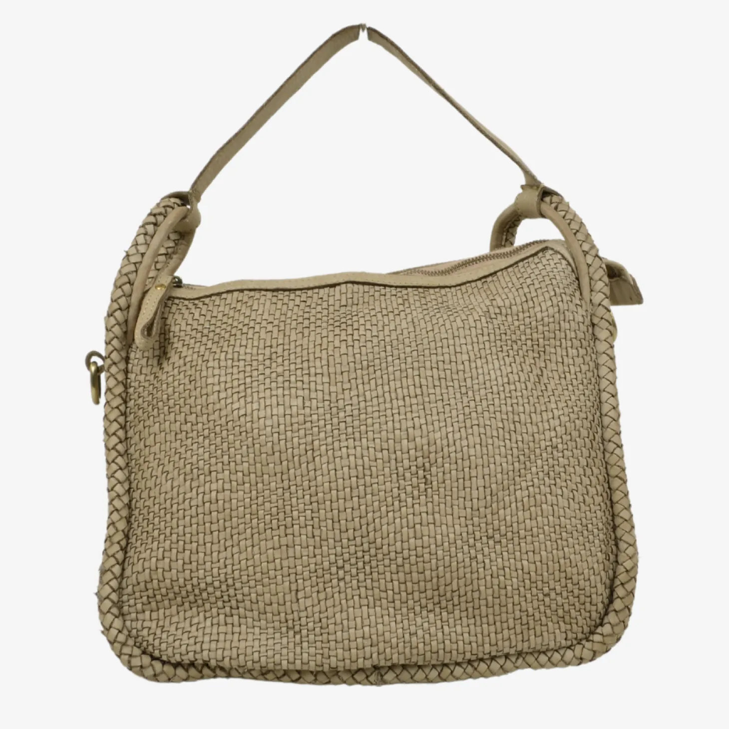 Taupe Square Hand Woven Bag Real Nappa Leather with Shoulder Strap