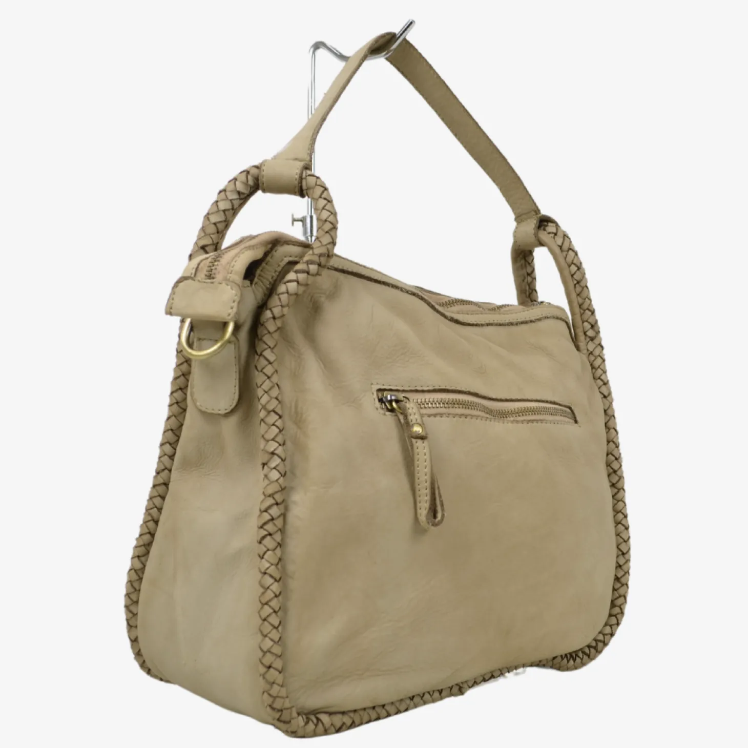 Taupe Square Hand Woven Bag Real Nappa Leather with Shoulder Strap