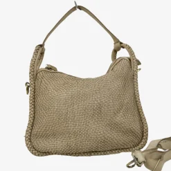 Taupe Square Hand Woven Bag Real Nappa Leather with Shoulder Strap