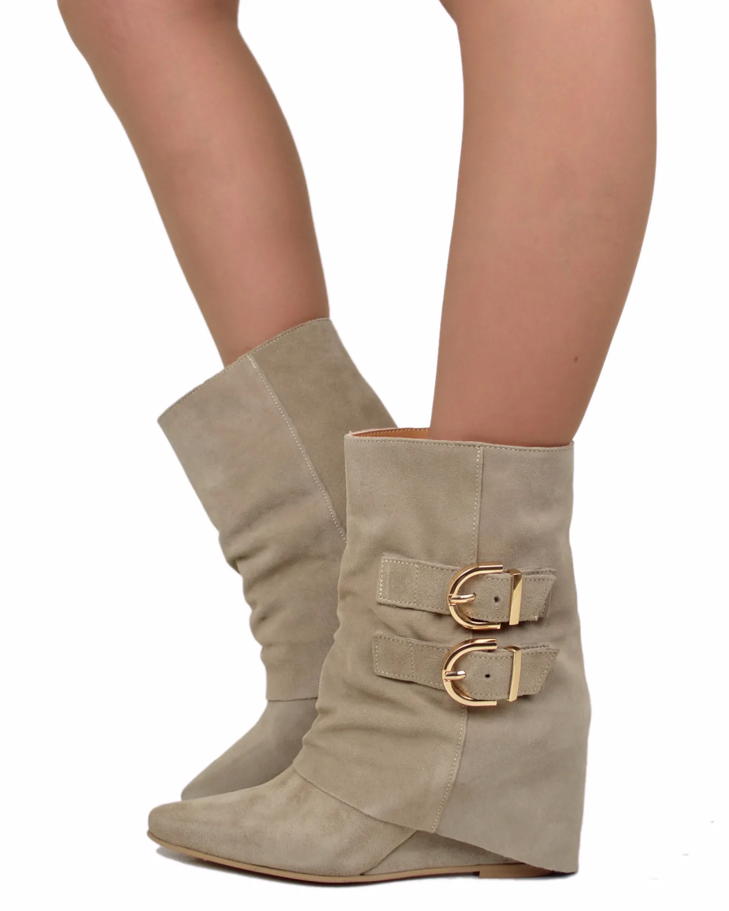 Taupe Suede Ankle Boots with Wedge Heel and Pointed Toe, 7 cm