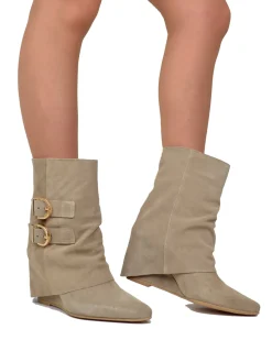 Taupe Suede Ankle Boots with Wedge Heel and Pointed Toe, 7 cm