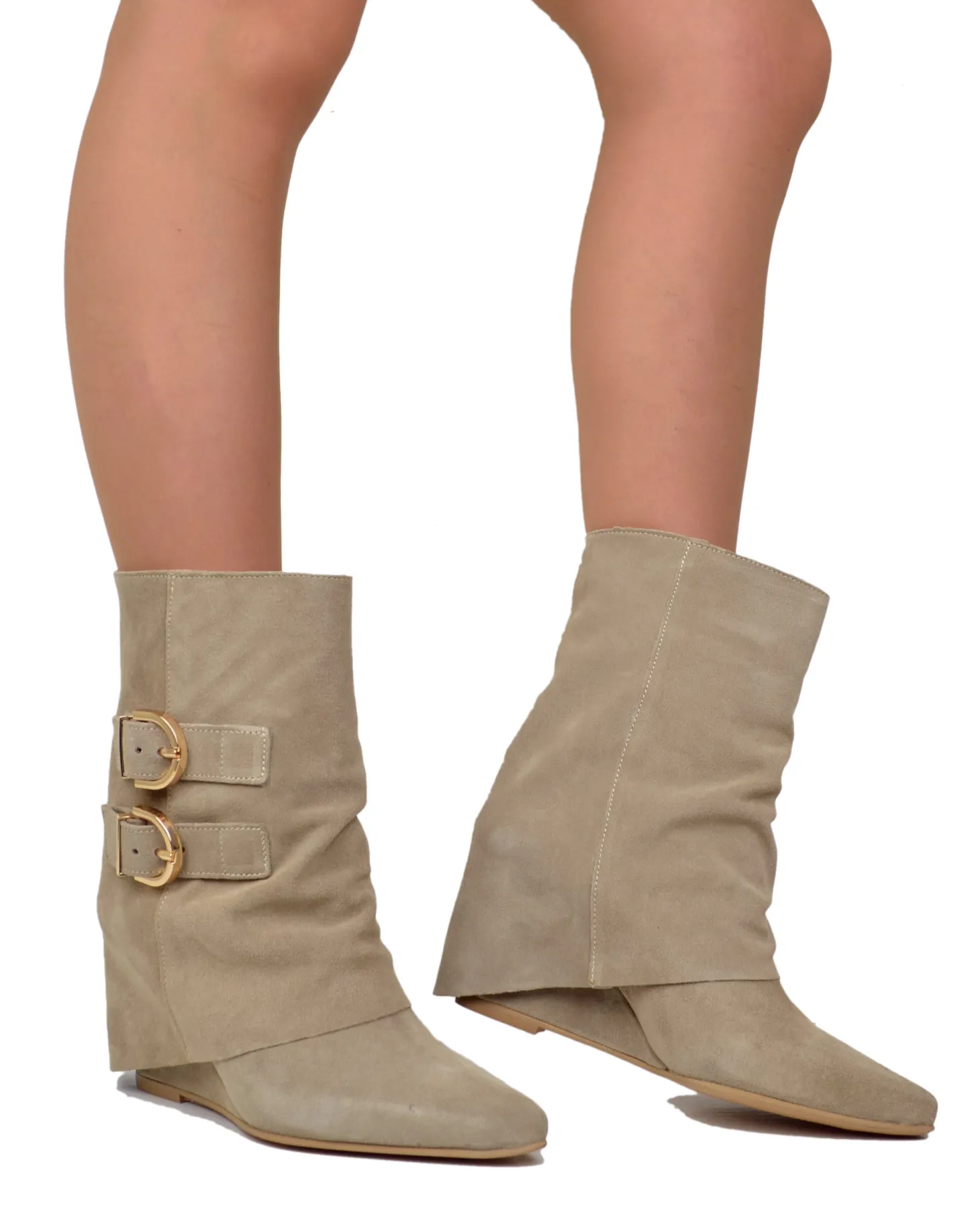 Taupe Suede Ankle Boots with Wedge Heel and Pointed Toe, 7 cm