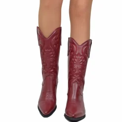 Texan Boots Bordeaux Red Warm Embroidered Domed Shaft Genuine Leather