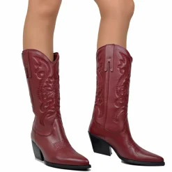 Texan Boots Bordeaux Red Warm Embroidered Domed Shaft Genuine Leather