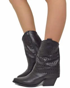 Texan Boots with Perforated Gaiter, 6 cm Heel, Genuine Black Leather