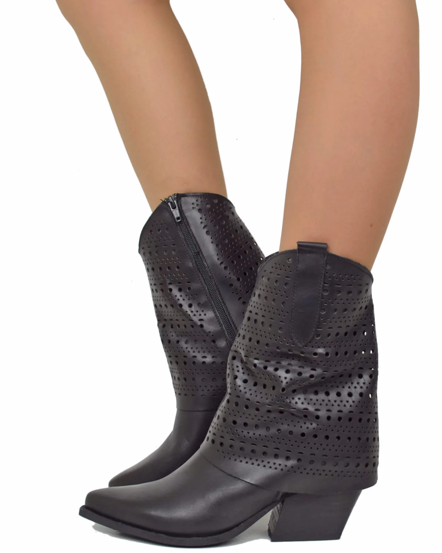 Texan Boots with Perforated Gaiter, 6 cm Heel, Genuine Black Leather