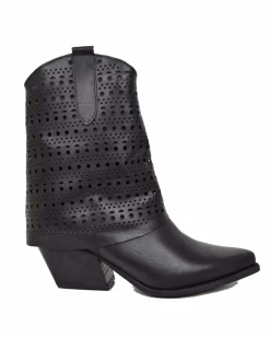 Texan Boots with Perforated Gaiter, 6 cm Heel, Genuine Black Leather