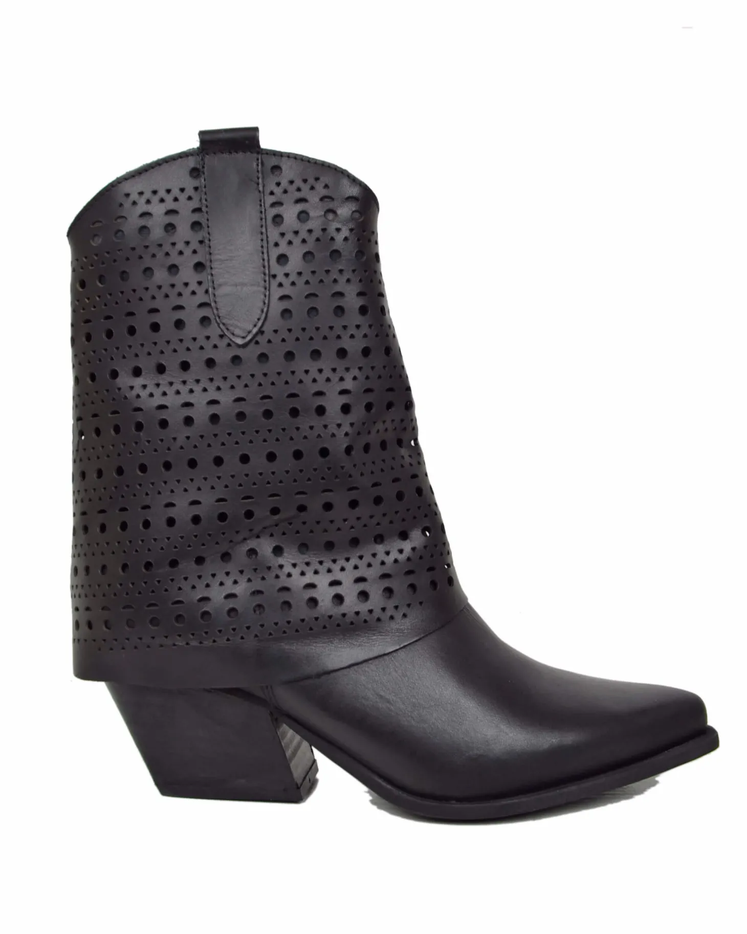 Texan Boots with Perforated Gaiter, 6 cm Heel, Genuine Black Leather