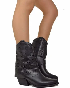 Texan Boots with Perforated Gaiter, 6 cm Heel, Genuine Black Leather
