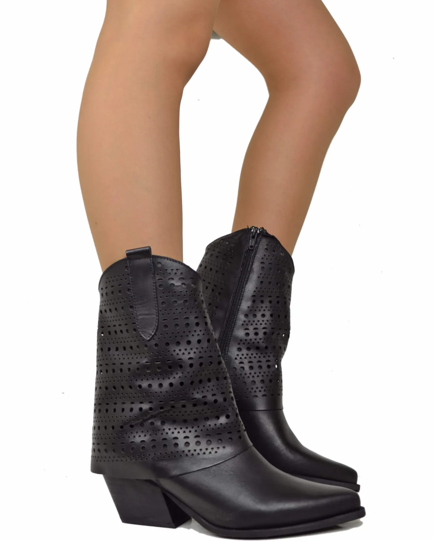 Texan Boots with Perforated Gaiter, 6 cm Heel, Genuine Black Leather