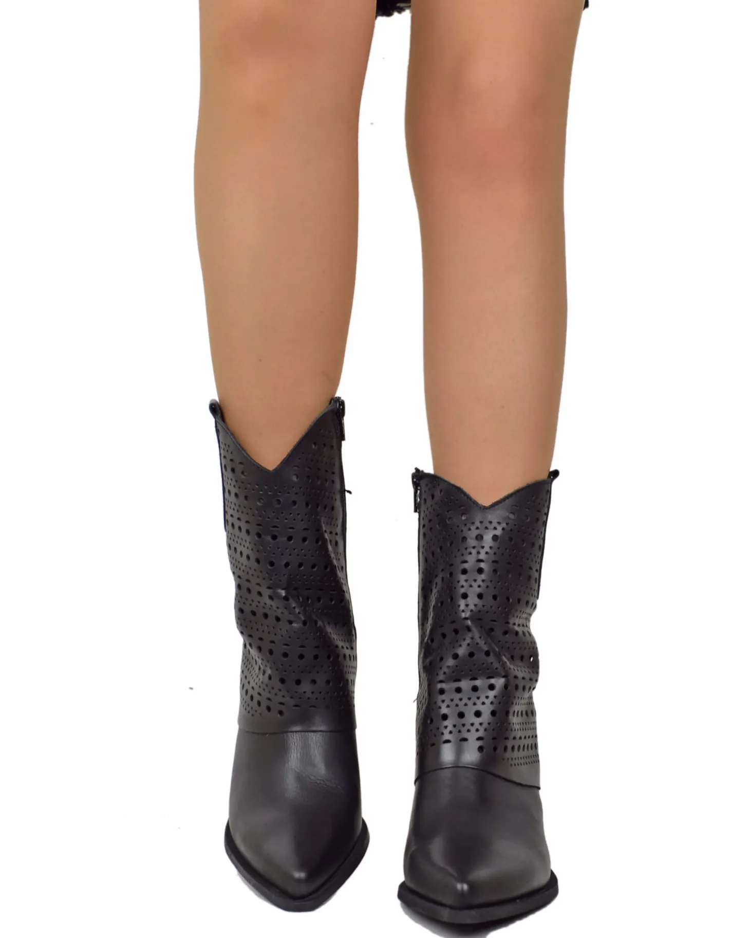 Texan Boots with Perforated Gaiter, 6 cm Heel, Genuine Black Leather
