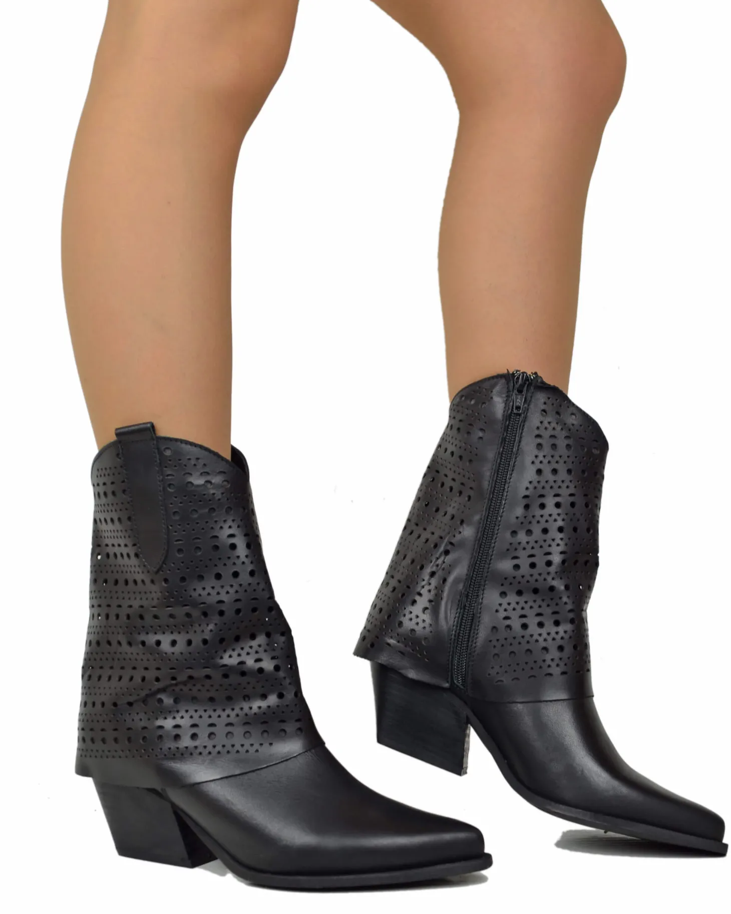 Texan Boots with Perforated Gaiter, 6 cm Heel, Genuine Black Leather